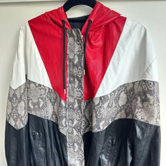 MSGM Faux Leather Sz 10 Large Snake Print Bomber Jacket IT 44 Black Red Designer - Picture 3 of 12